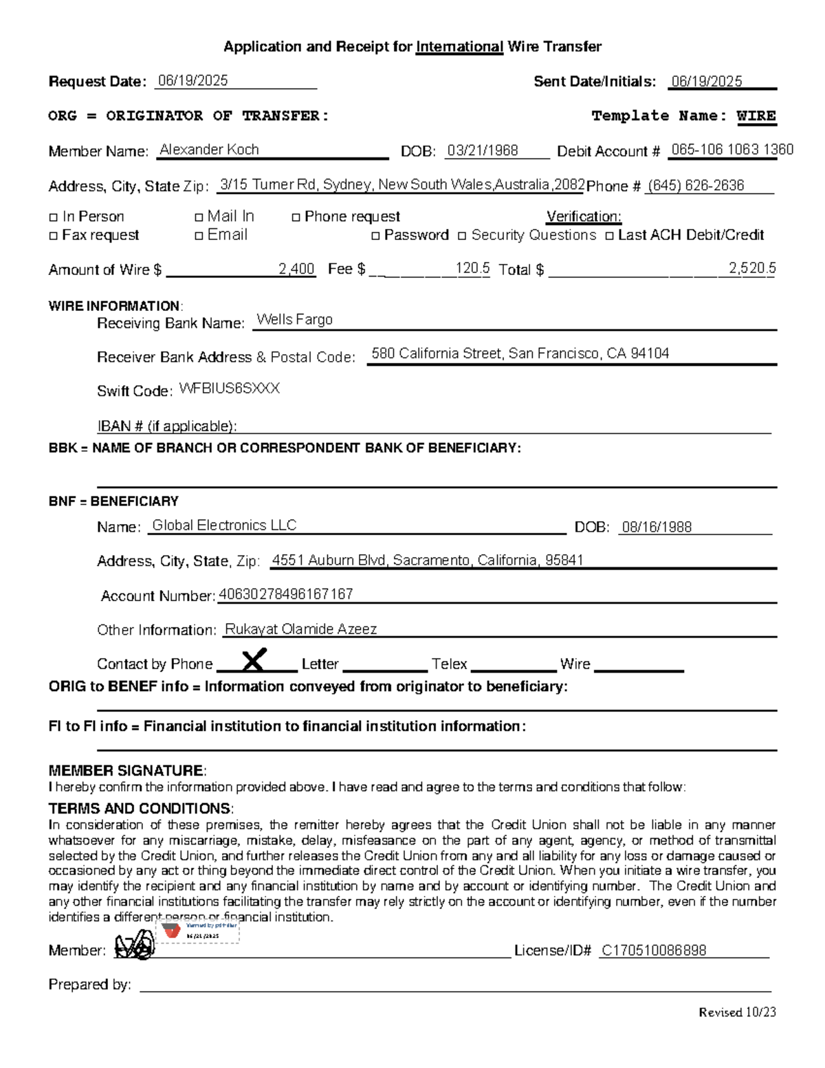 International Wire Transfer Application & Receipt Form - Studocu