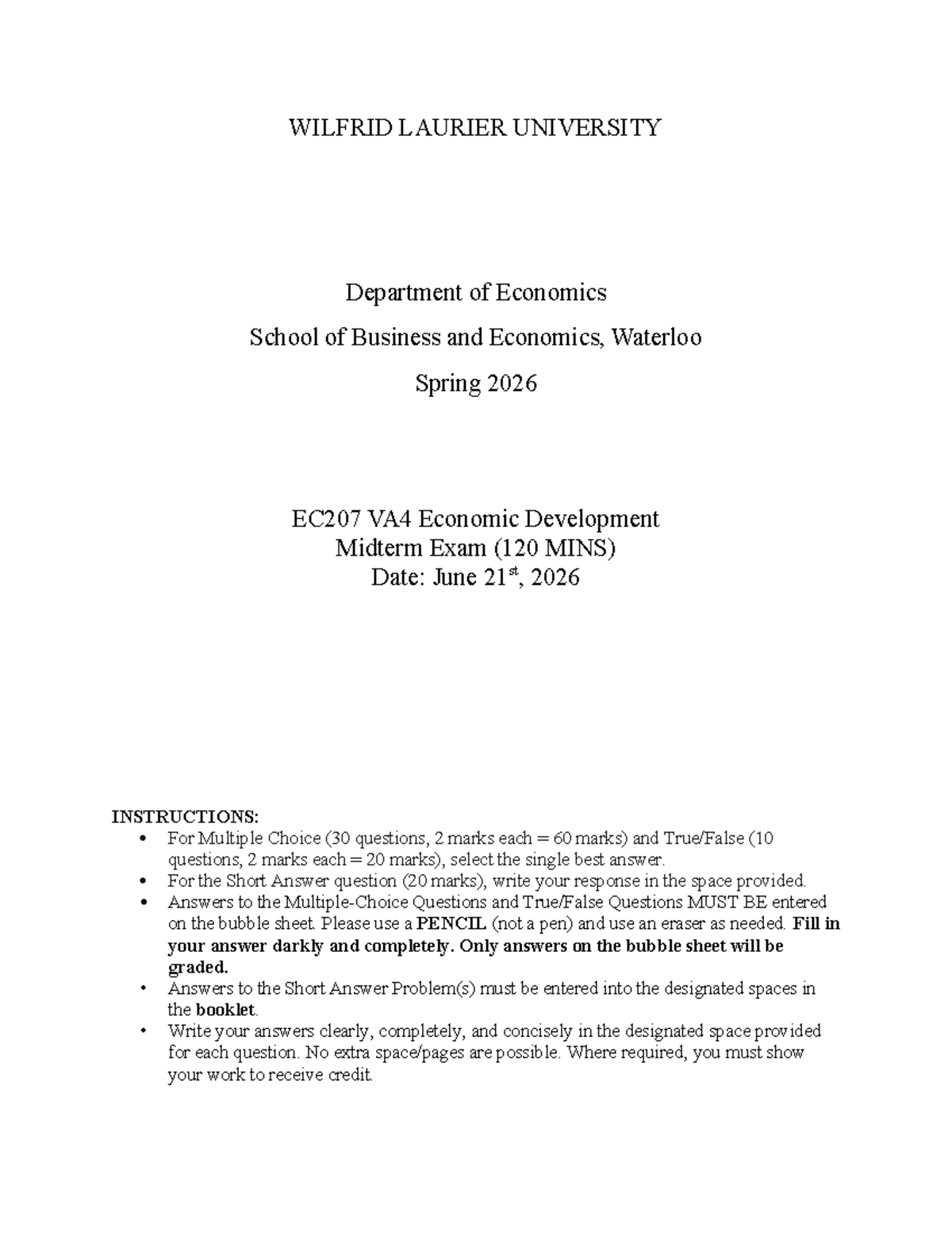 EC207 Economic Development Midterm Exam Solutions - Spring 2026 - Studocu