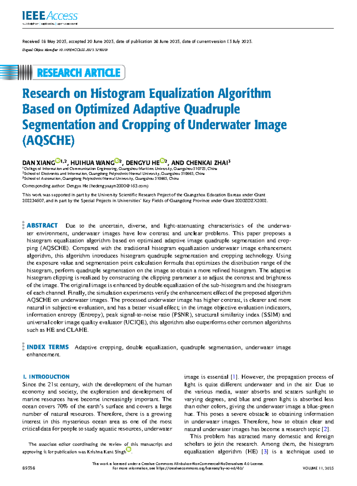 Research on AQSCHE: Optimized Histogram Equalization for Underwater ...