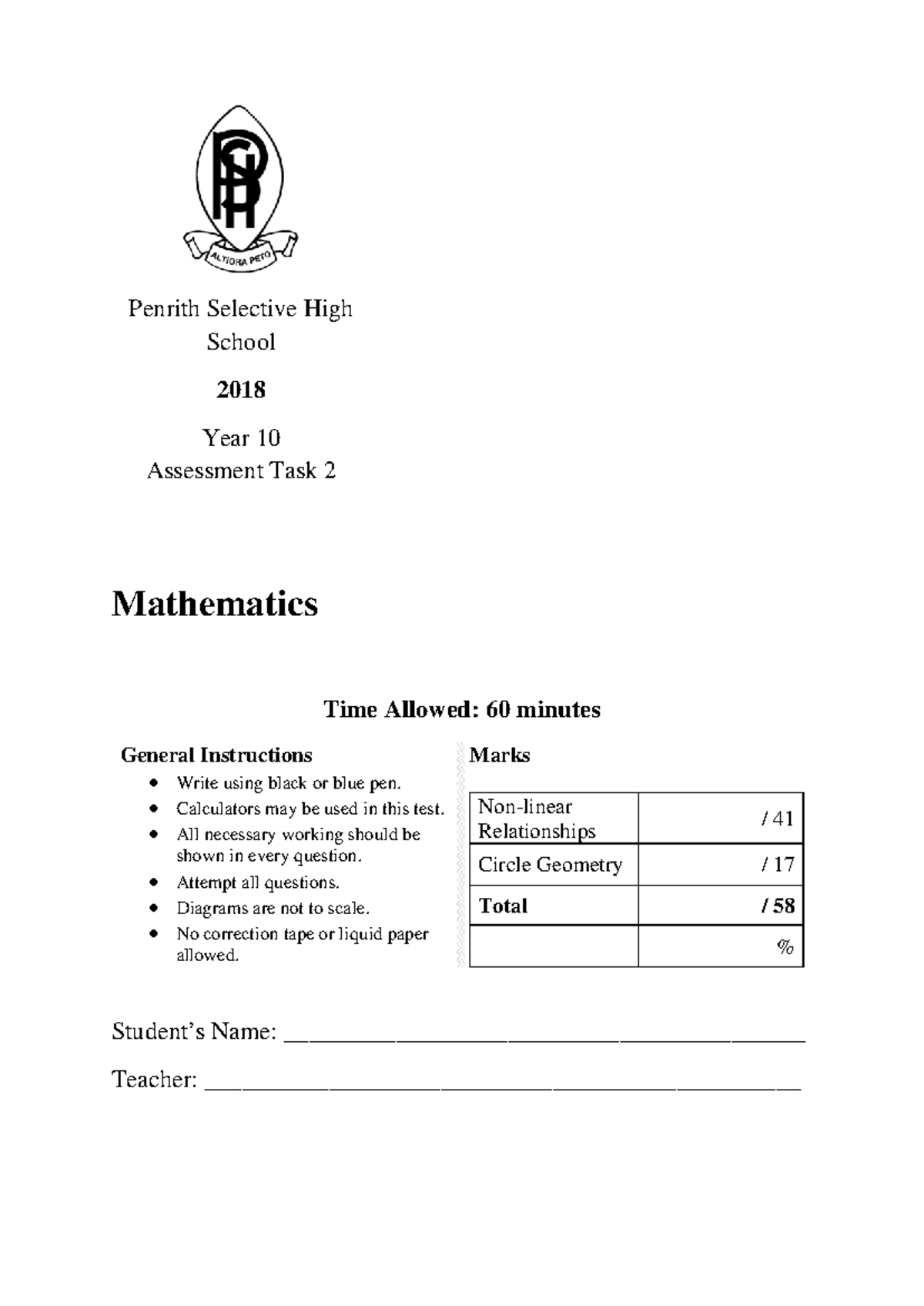 Penrith 2018 Year 10 Maths Assessment Task 2 & Solutions - Studocu
