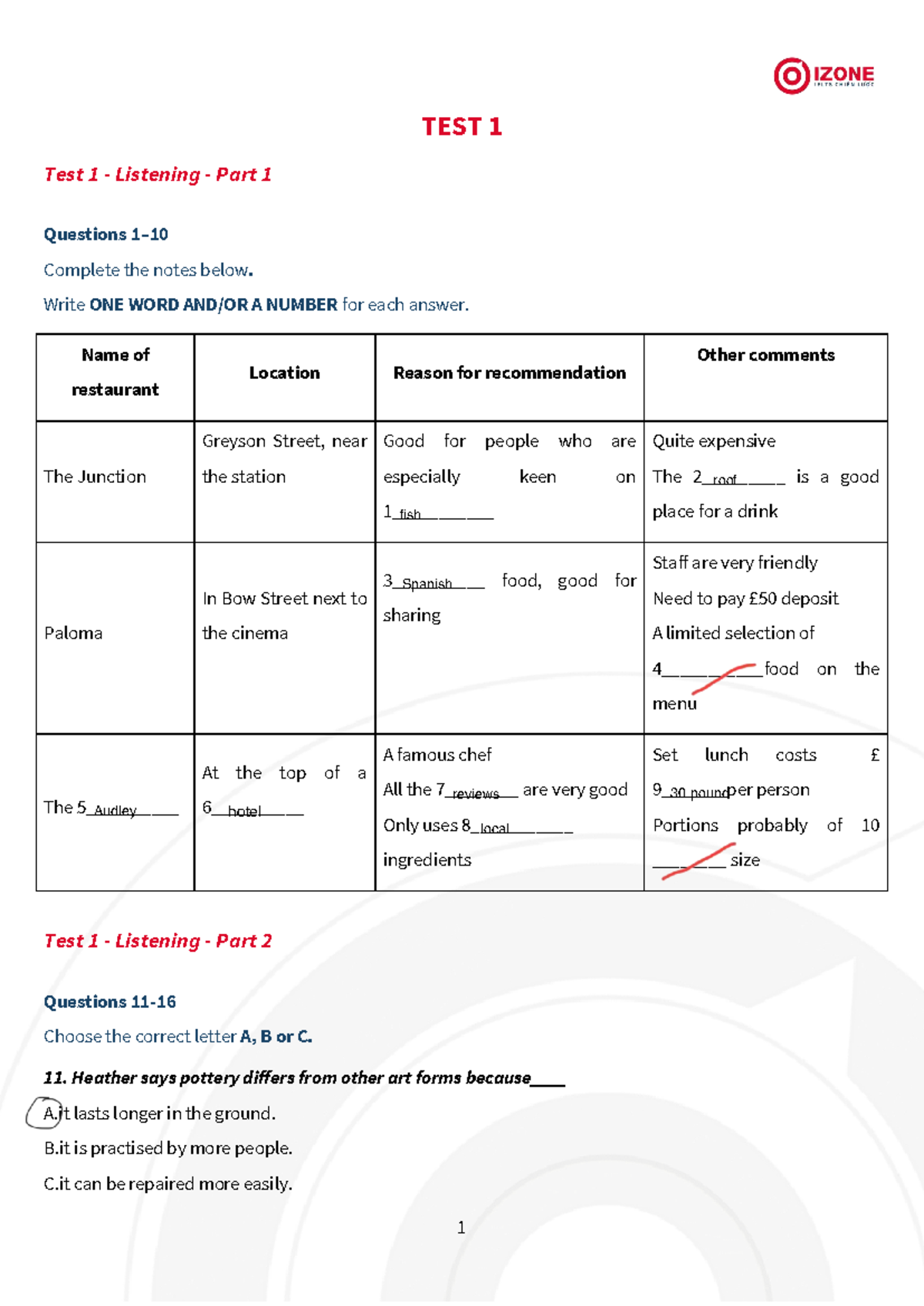 Cam 20 Test 1 Listening - Comprehensive Notes and Questions - Studocu