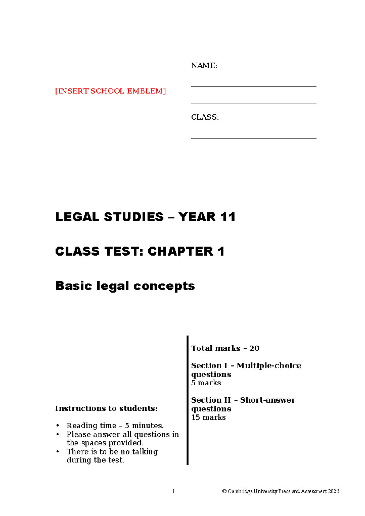 Legal Studies Year 11 Class Test: Chapter 1 Concepts & Ethics - Studocu