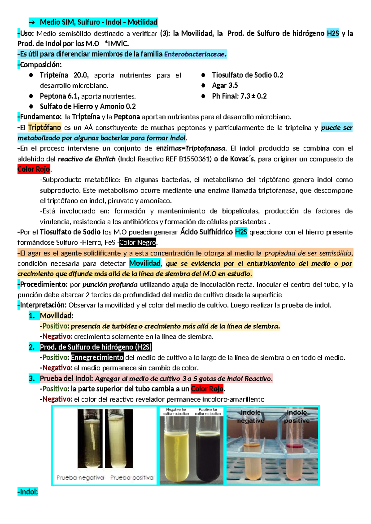 Apuntes Bacteriología: Medio SIM para Movilidad, H2S e Indol - Studocu