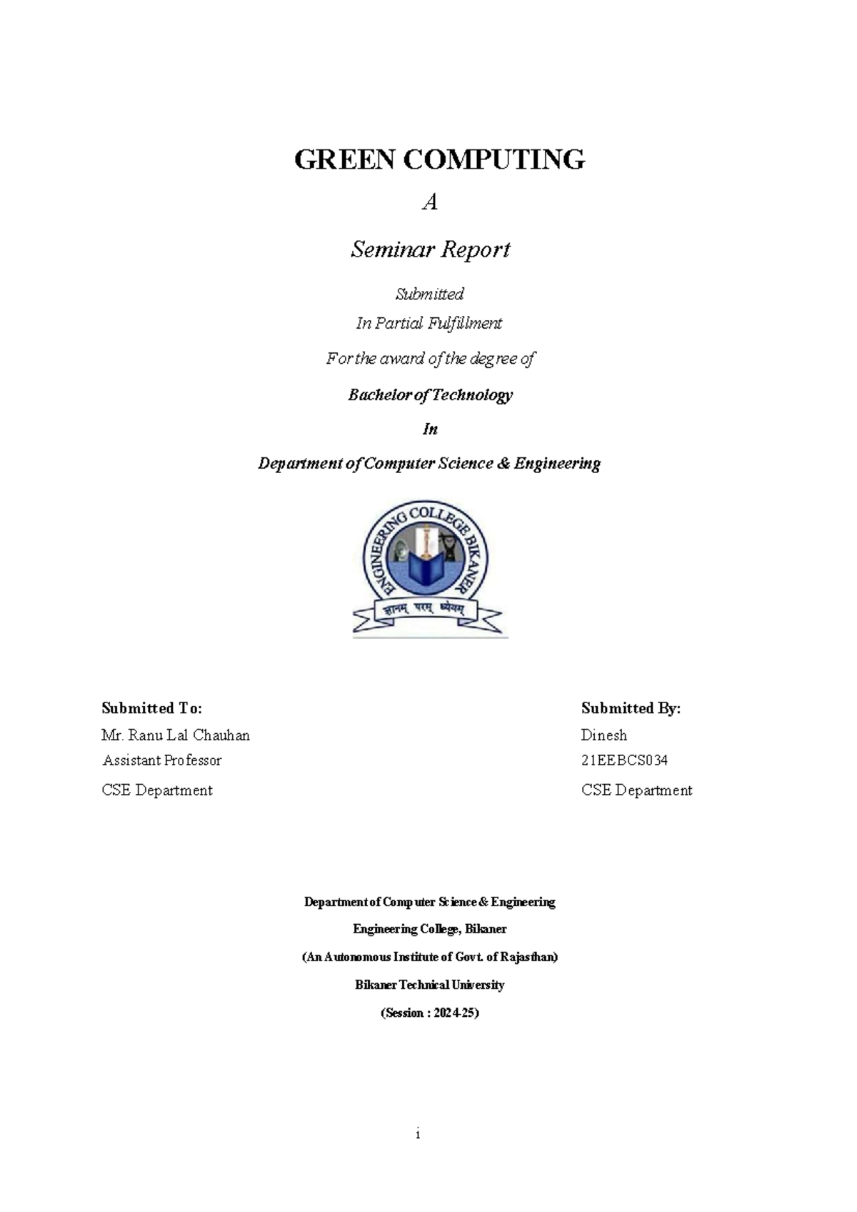 Seminar Report on Green Computing: Challenges and Innovations (21EEBCS ...