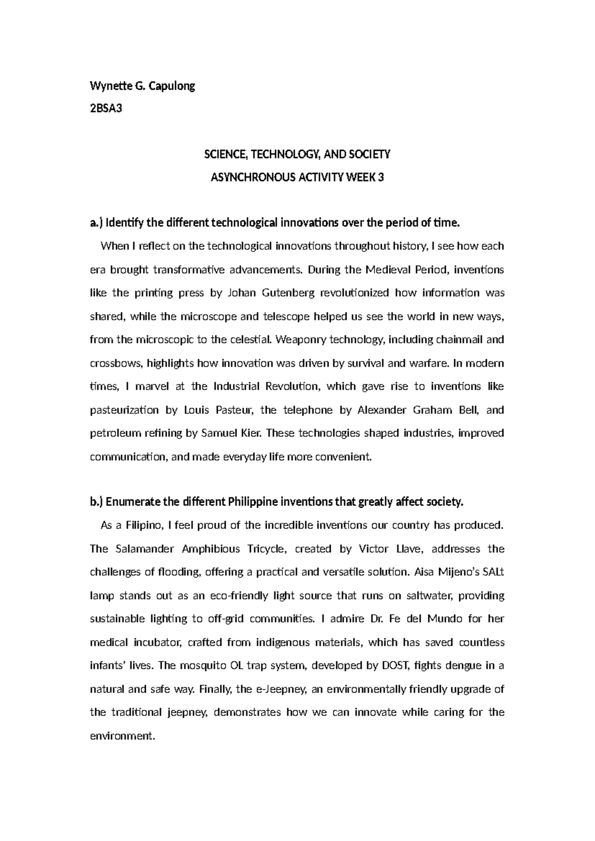 2BSA3 SCIENCE, TECHNOLOGY, AND SOCIETY WEEK 3 Asynchronous Activity ...