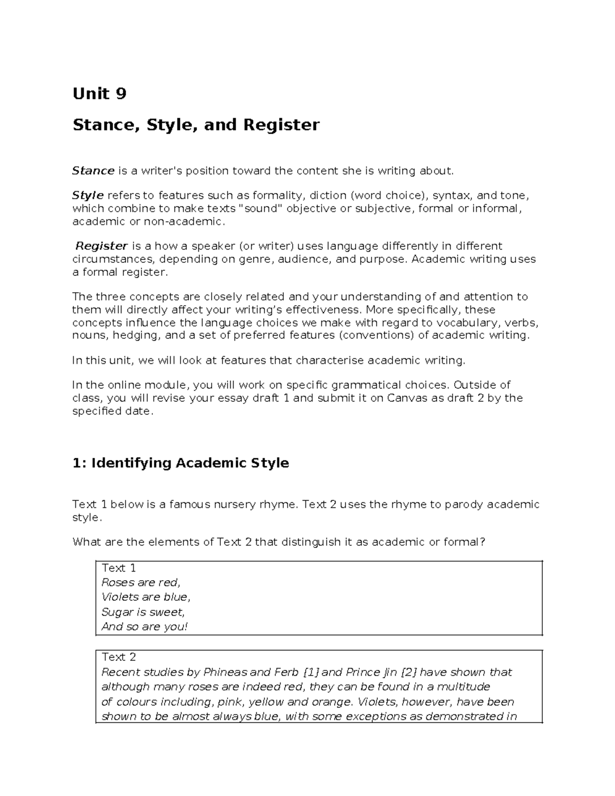 Unit 9: Stance, Style, and Register in Academic Writing DG - Studocu