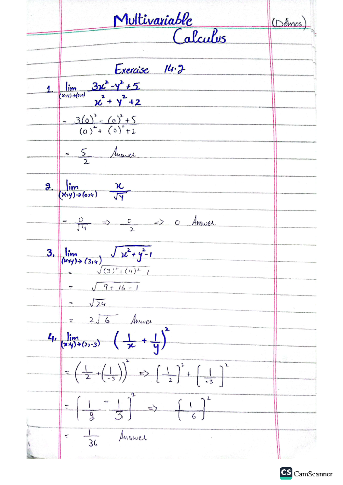Mathss - qawsedrf - Multivariable (Demos) Calculus Exercise 14 1. lim ...