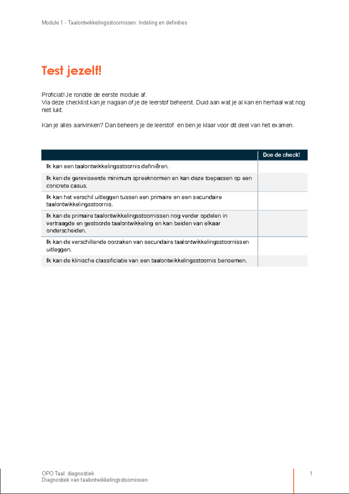Checklist Module 1: Taalontwikkelingsstoornissen en Diagnostiek - Studocu