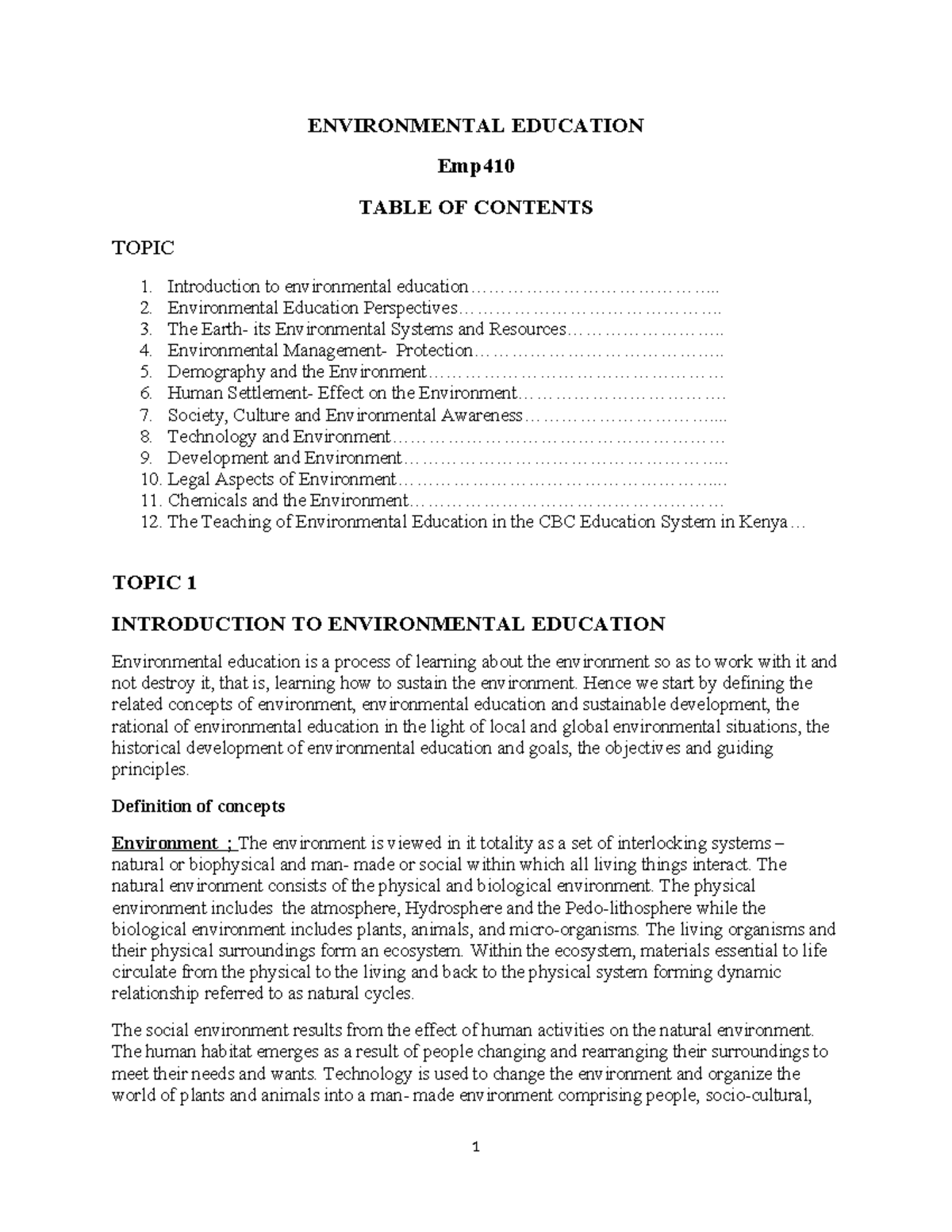 EMP 410 Environmental Education Notes: Understanding Key Concepts and ...