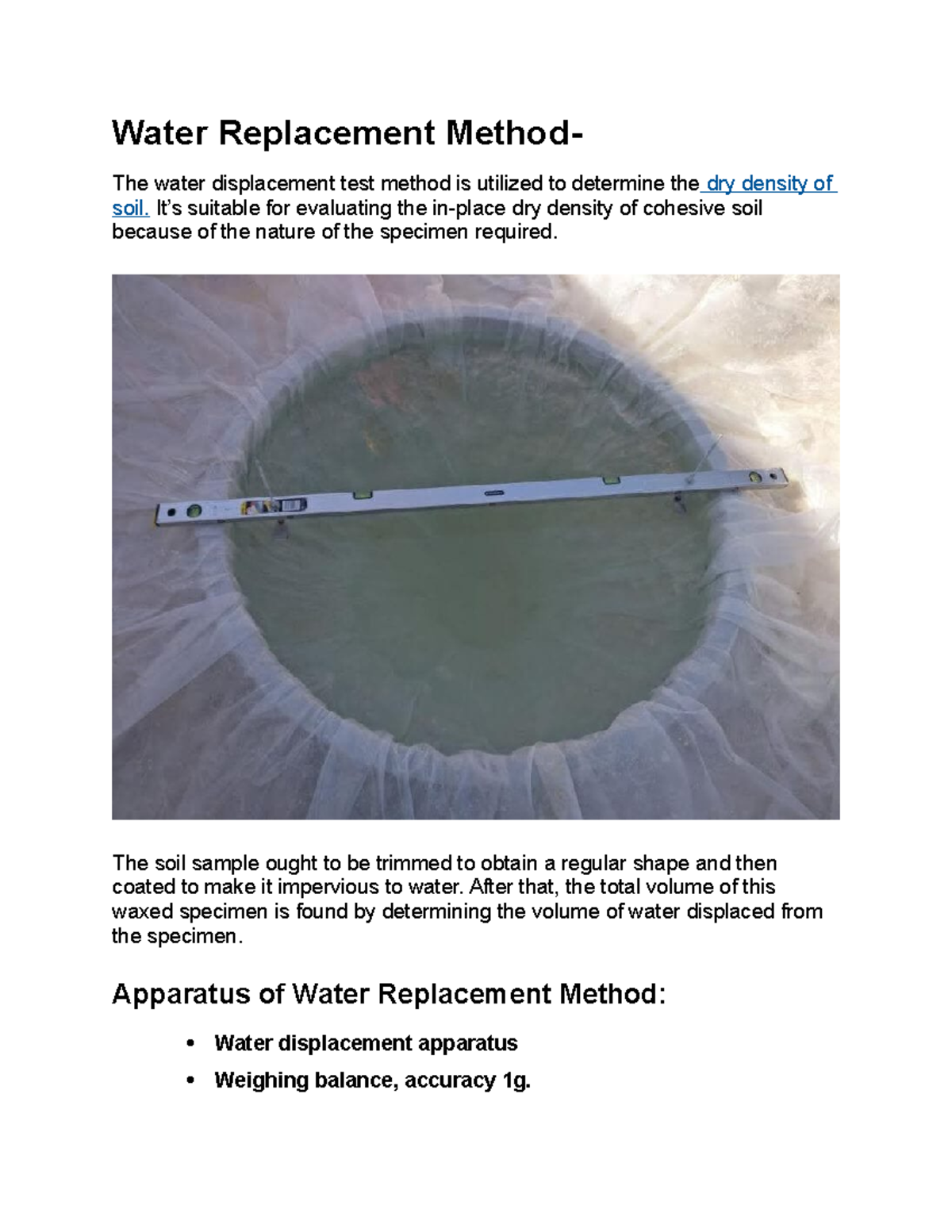 Water Replacement Method for Determining Soil Dry Density - Studocu