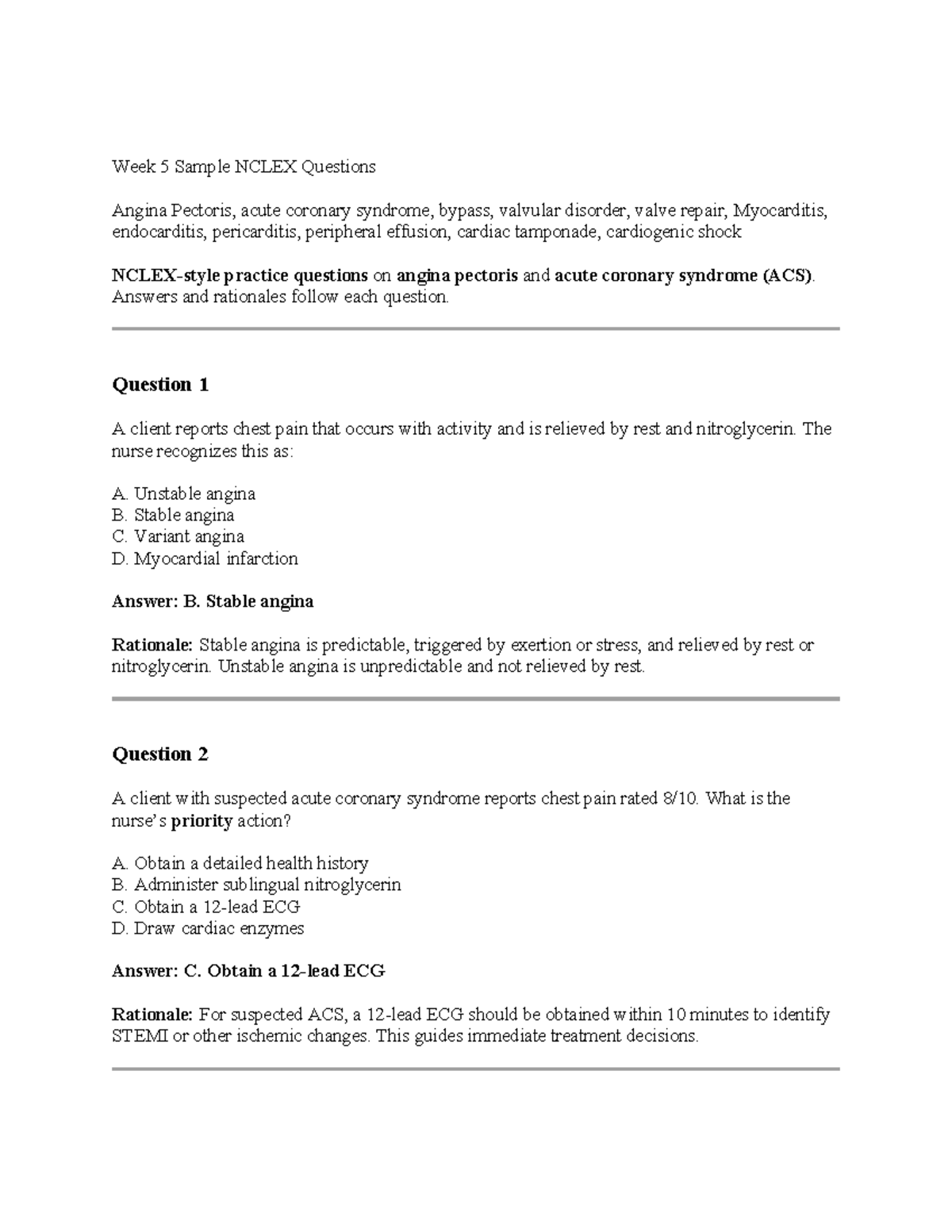 Week 5 ASN AH2 NCLEX Practice Questions on Cardiac Disorders - Studocu