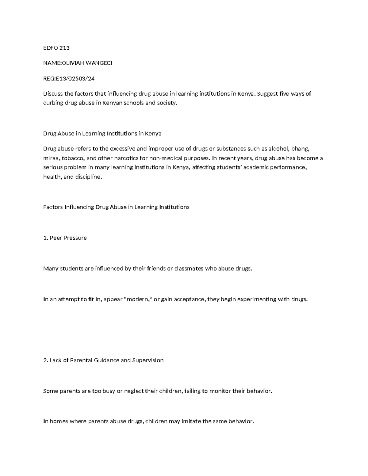 EDFO 213 - Factors Influencing Drug Abuse & Teacher Roles in Kenya ...