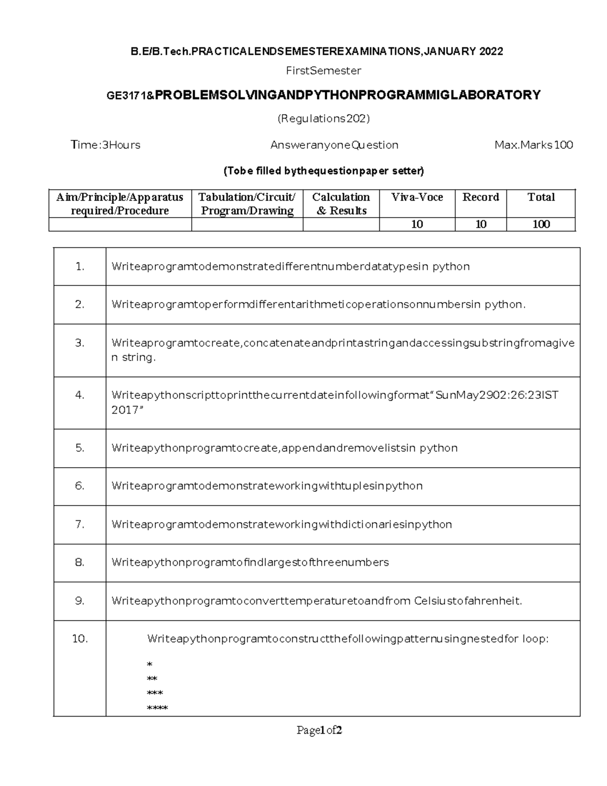 Question Set for python - Page 1 of 2 B.E/B.Tech,JANUARY 2022 ...