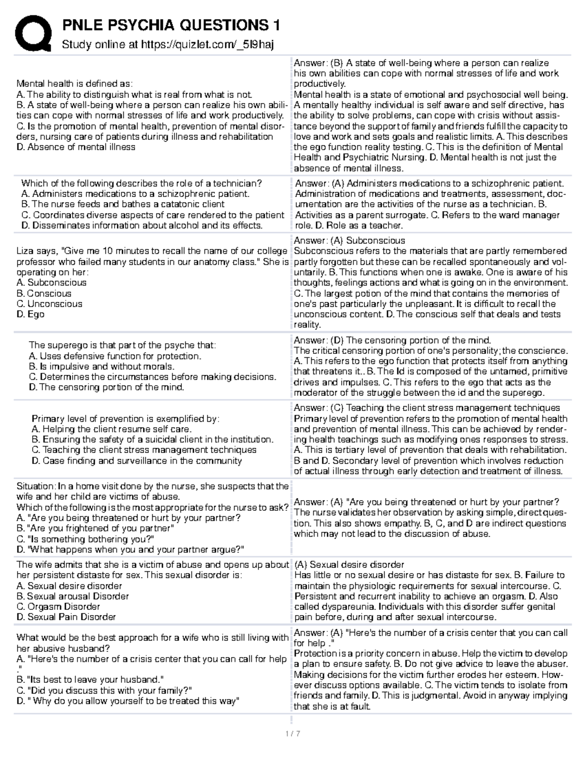 PNLE Psychiatric Nursing Questions 1: Key Concepts and Answers - Studocu