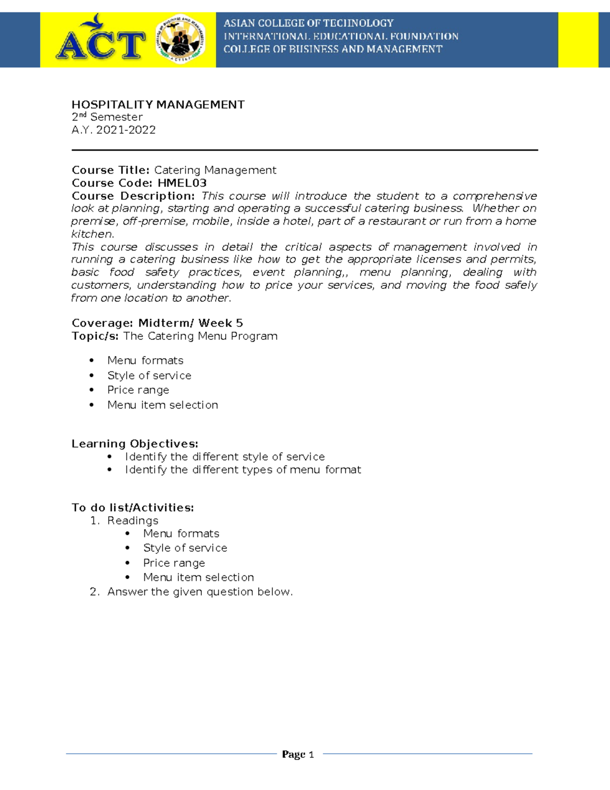 W5 - Catering Management: Menu Program & Service Styles Overview - Studocu