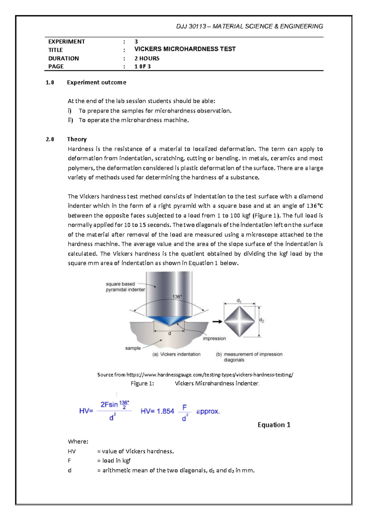 DJJ 30113 Material Science Engineering: Vickers Hardness Test Lab ...