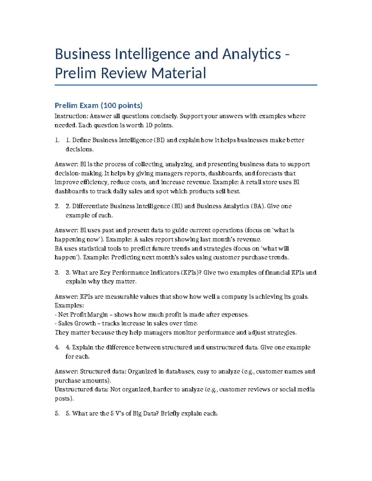 BI Prelim Exam Review Material (100 Points) - Studocu