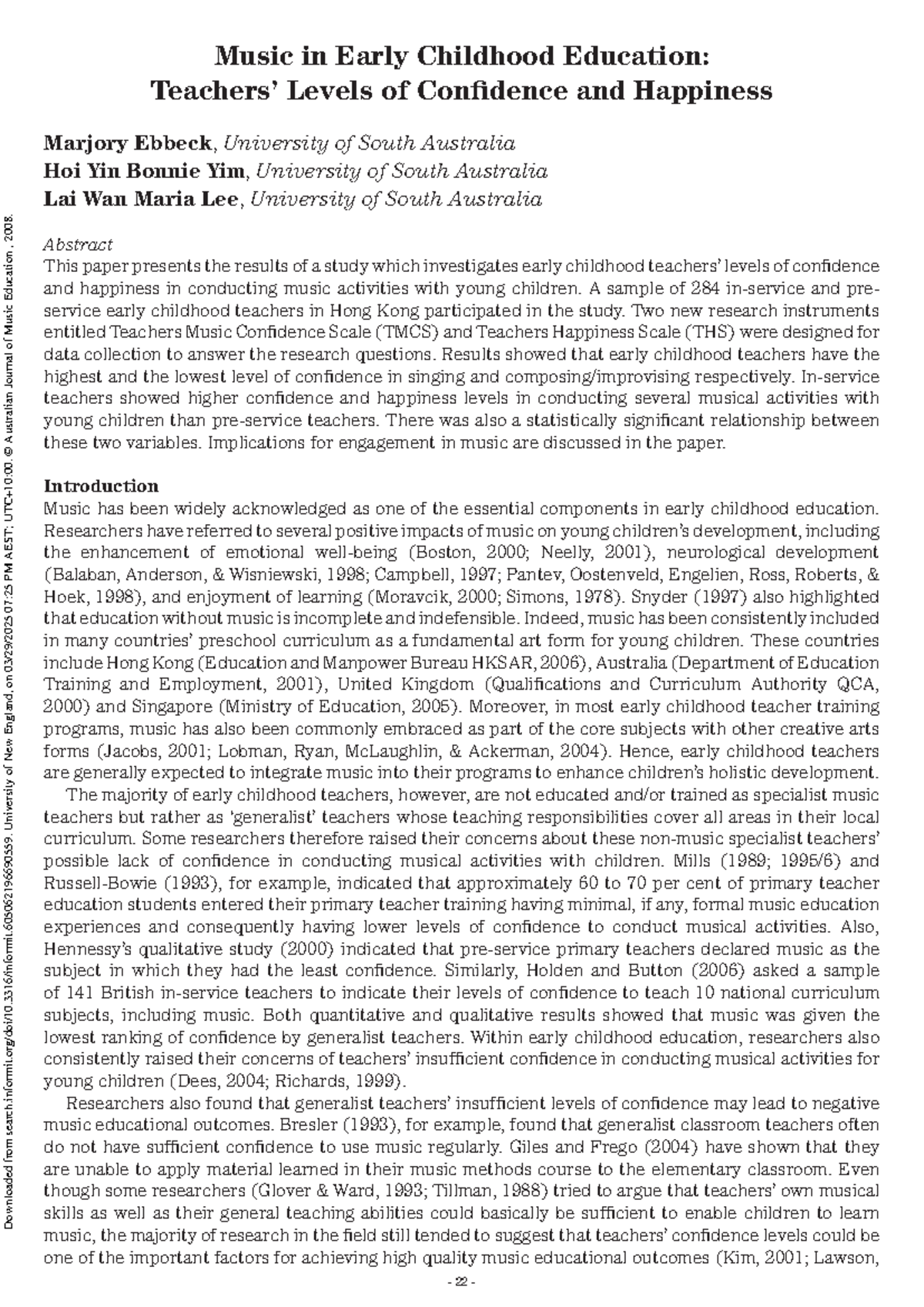 Music Confidence and Happiness in Early Childhood Education: A Study ...
