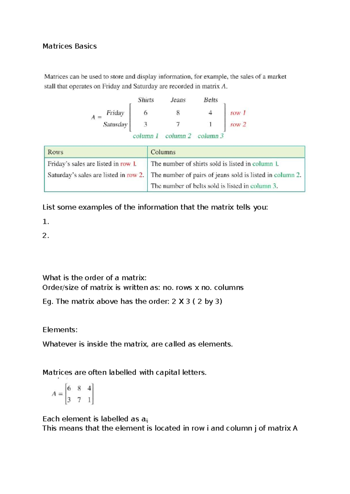 Matrices Basics: Understanding Orders and Types (Math 101) - Studocu