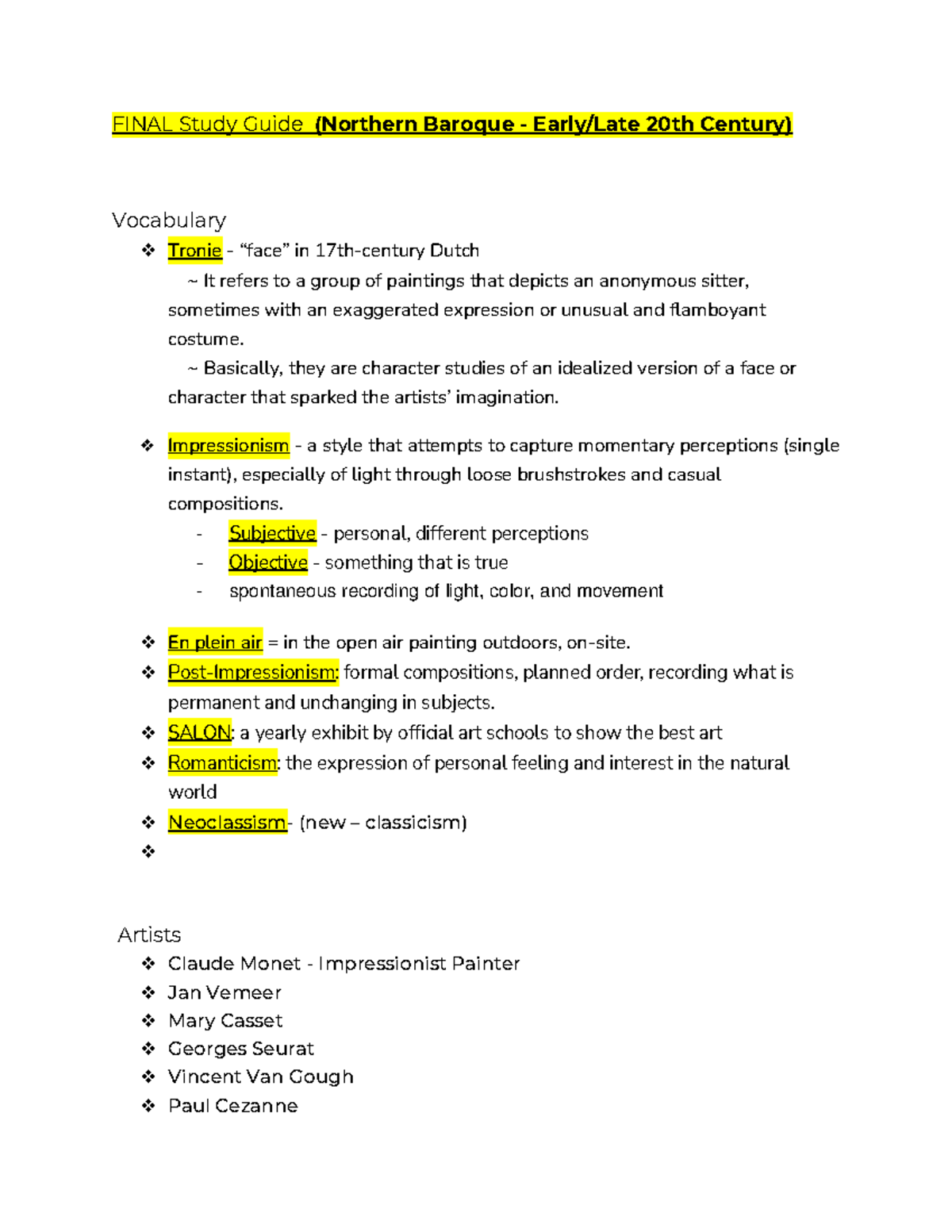 Final Exam Study Guide: Northern Baroque to 20th Century Art - Studocu
