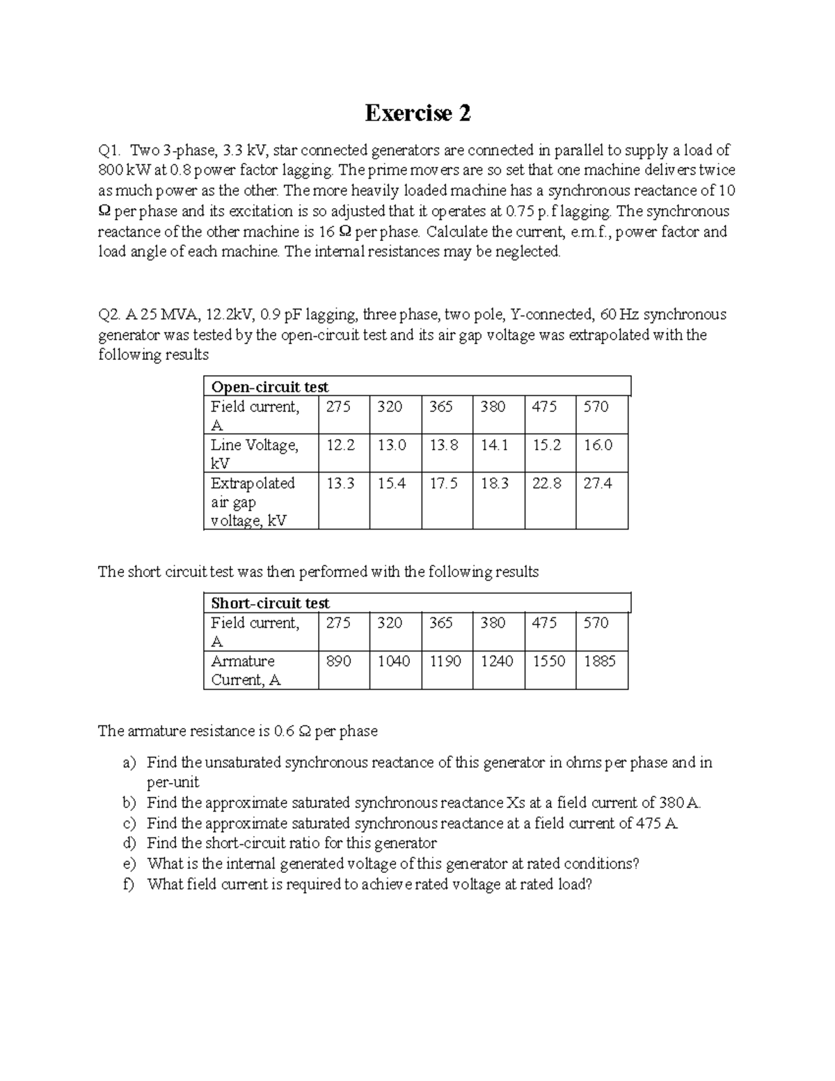 Exercise 2 - Synchronous Machines & Generators Questions - Studocu