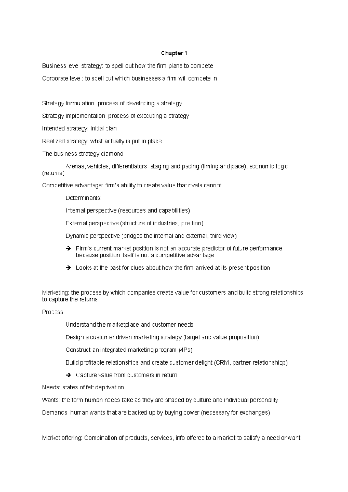 Summary of Marketing Strategies from Chapters 1 to 6 - MKT 101 ...