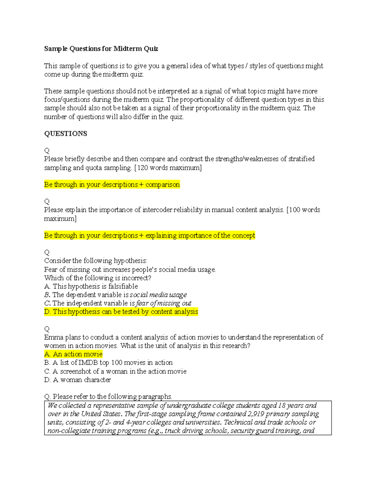 Midterm Quiz Sample Questions and Answers (Course Code: Exam Practice ...