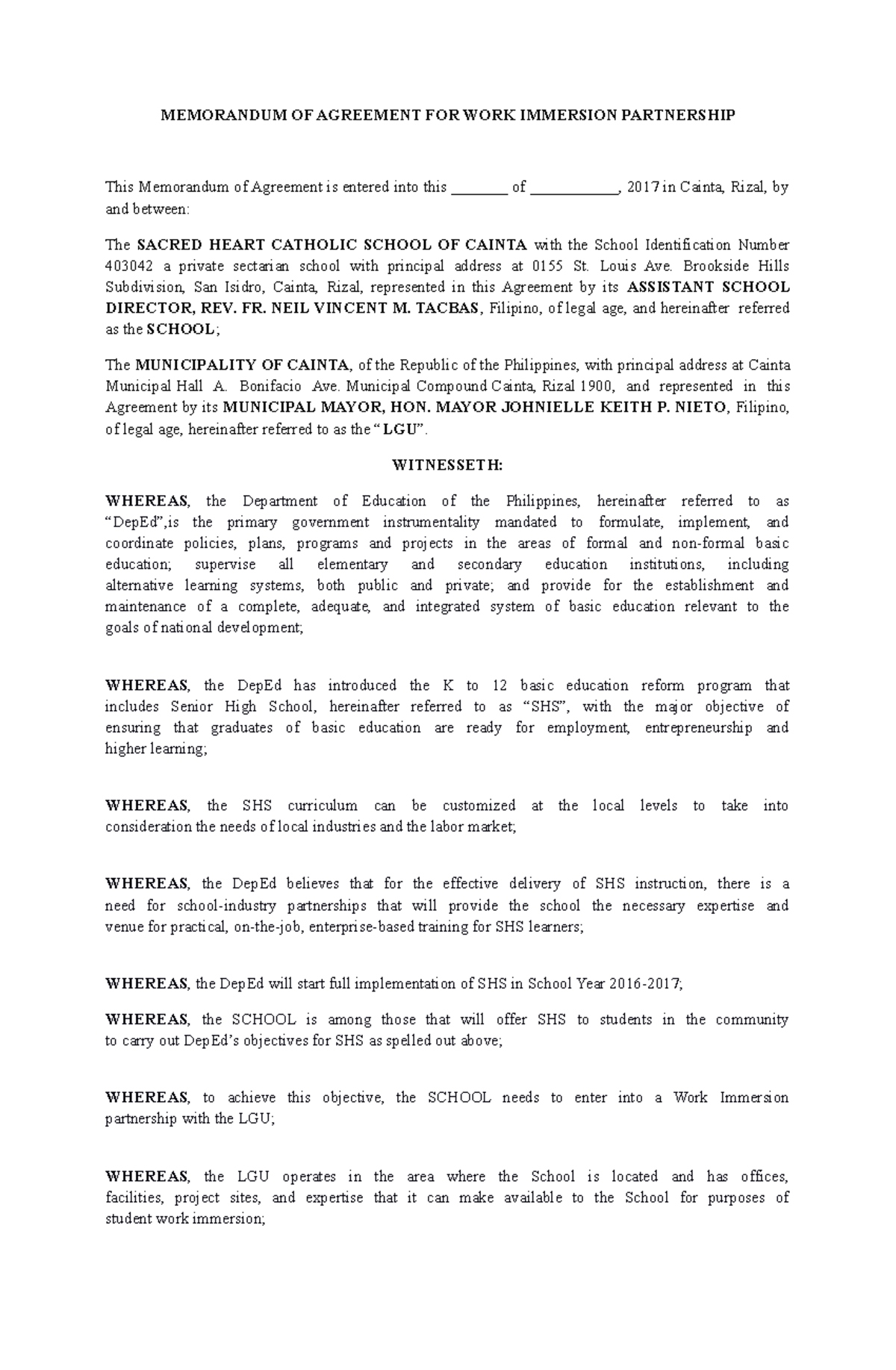 Memorandum of Agreement for Work Immersion Partnership: LGU & SHS - Studocu