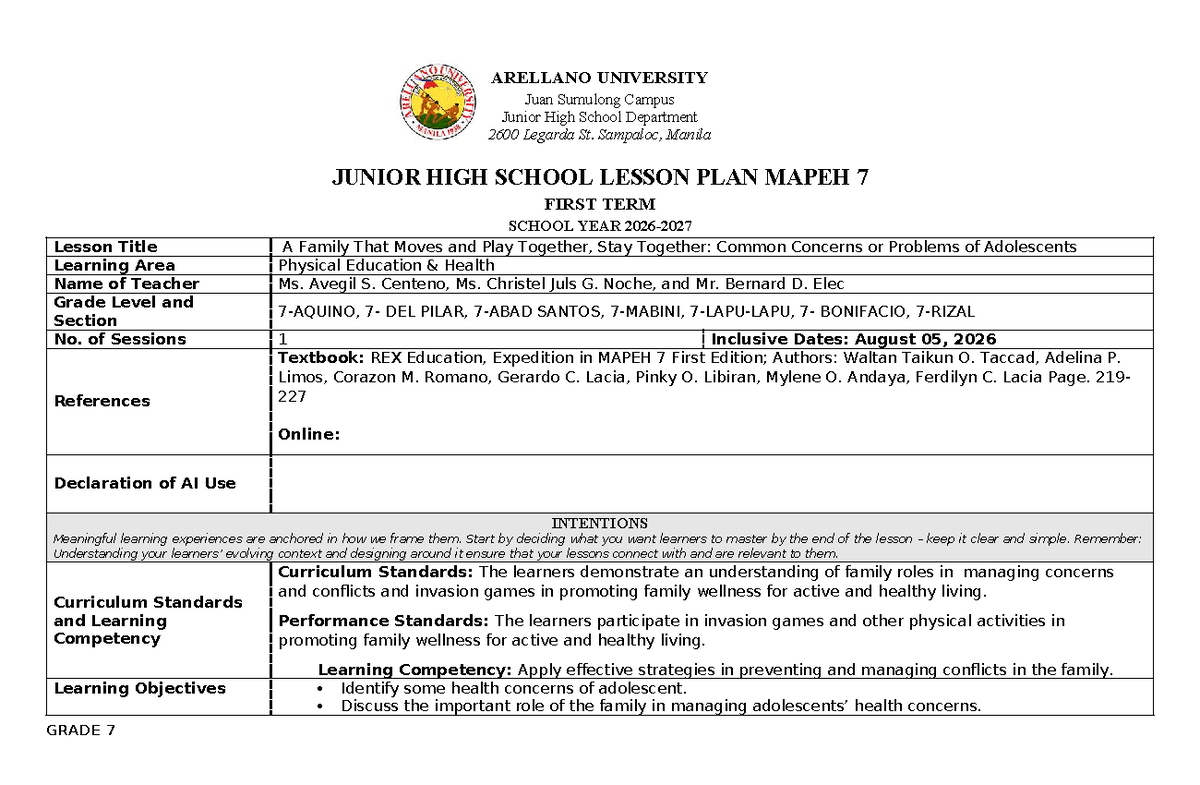 TERM 1 LESSON PLAN: A Family That Moves Together - MAPEH 7 - Studocu