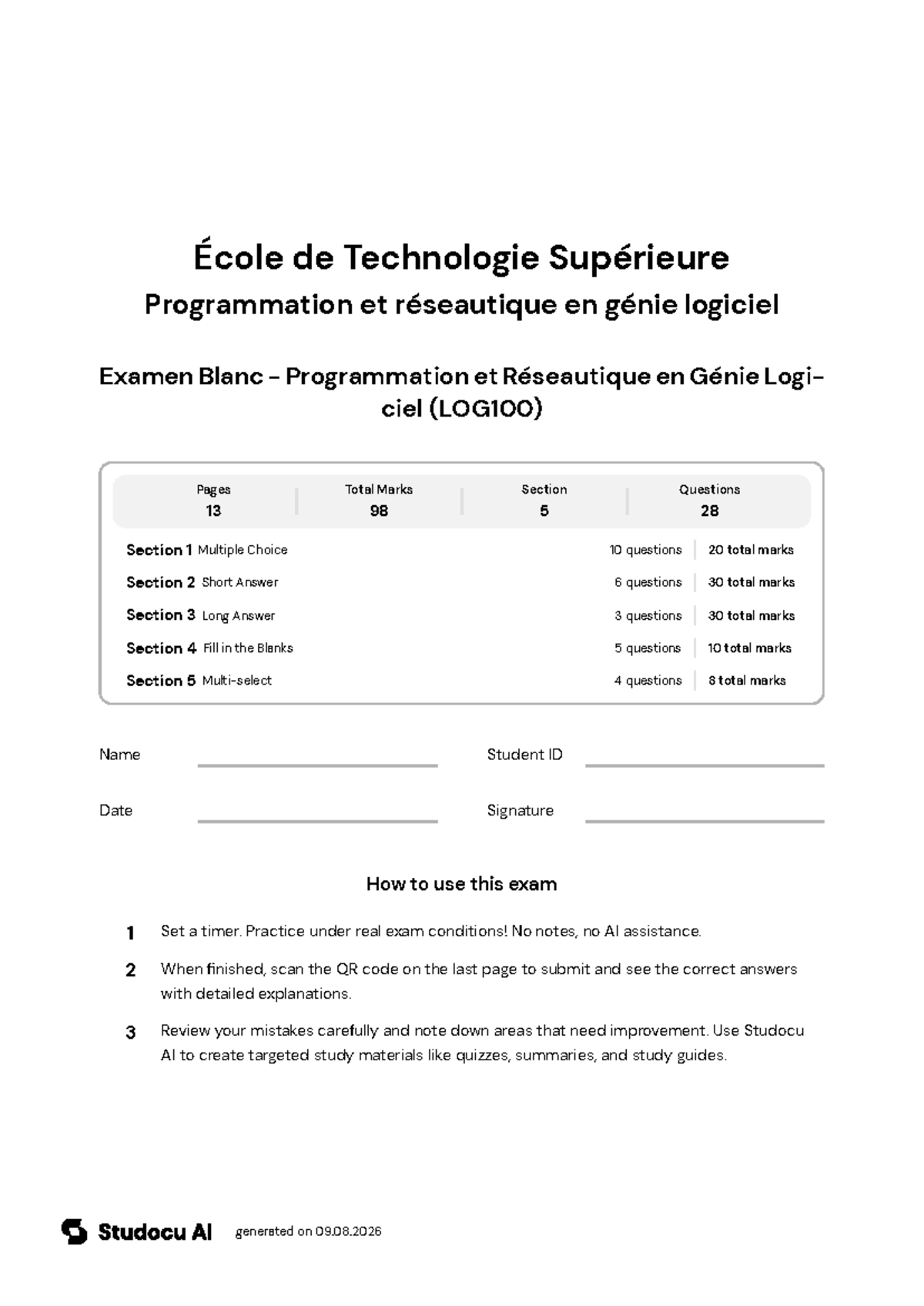 Examen Blanc - LOG100: Programmation et Réseautique - Studocu