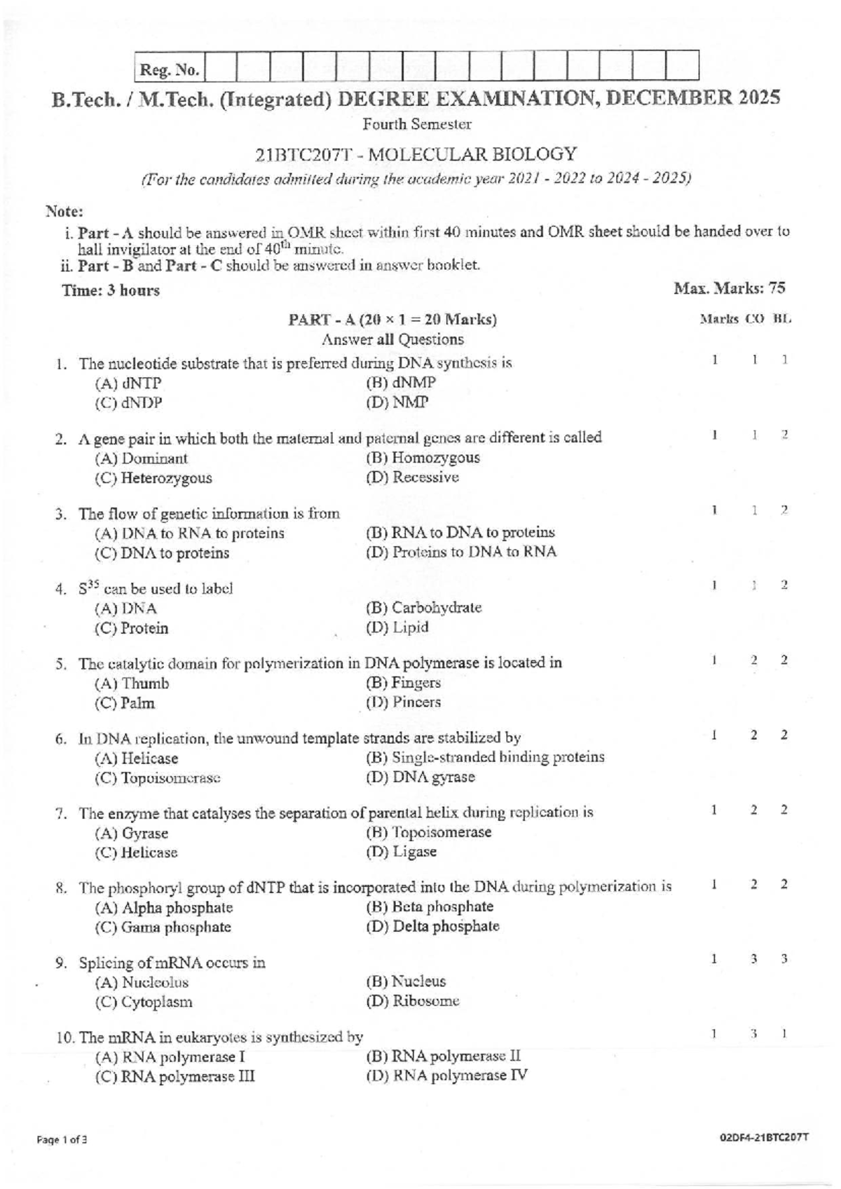 21BTC207T Molecular Biology Final Exam PYQ - December 2025 - Studocu