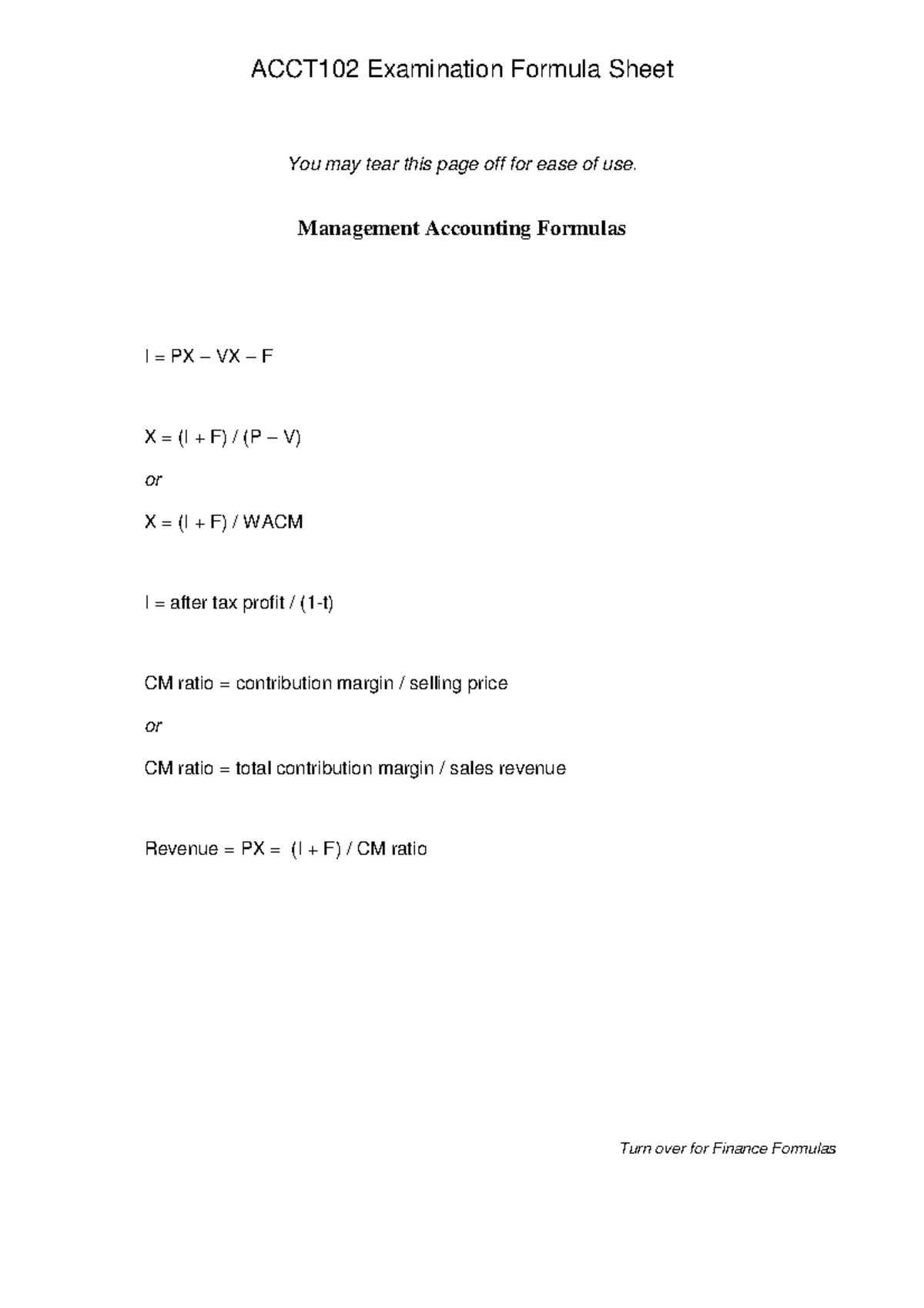 ACCT102 Final Exam Formula Sheet: Management & Finance - Studocu