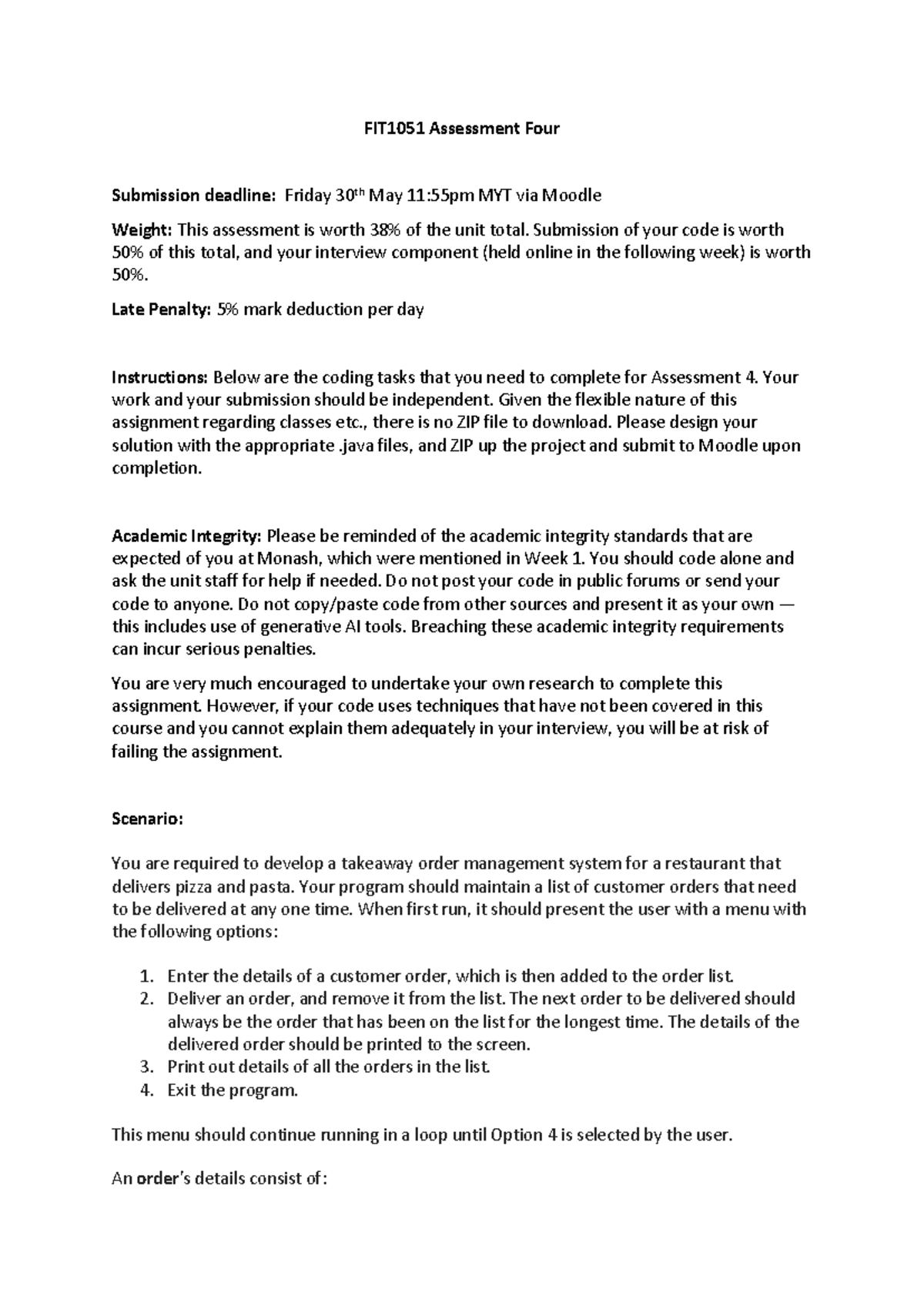 FIT1051 2025 S1 A4 - Takeaway Order Management System Assignment - Studocu