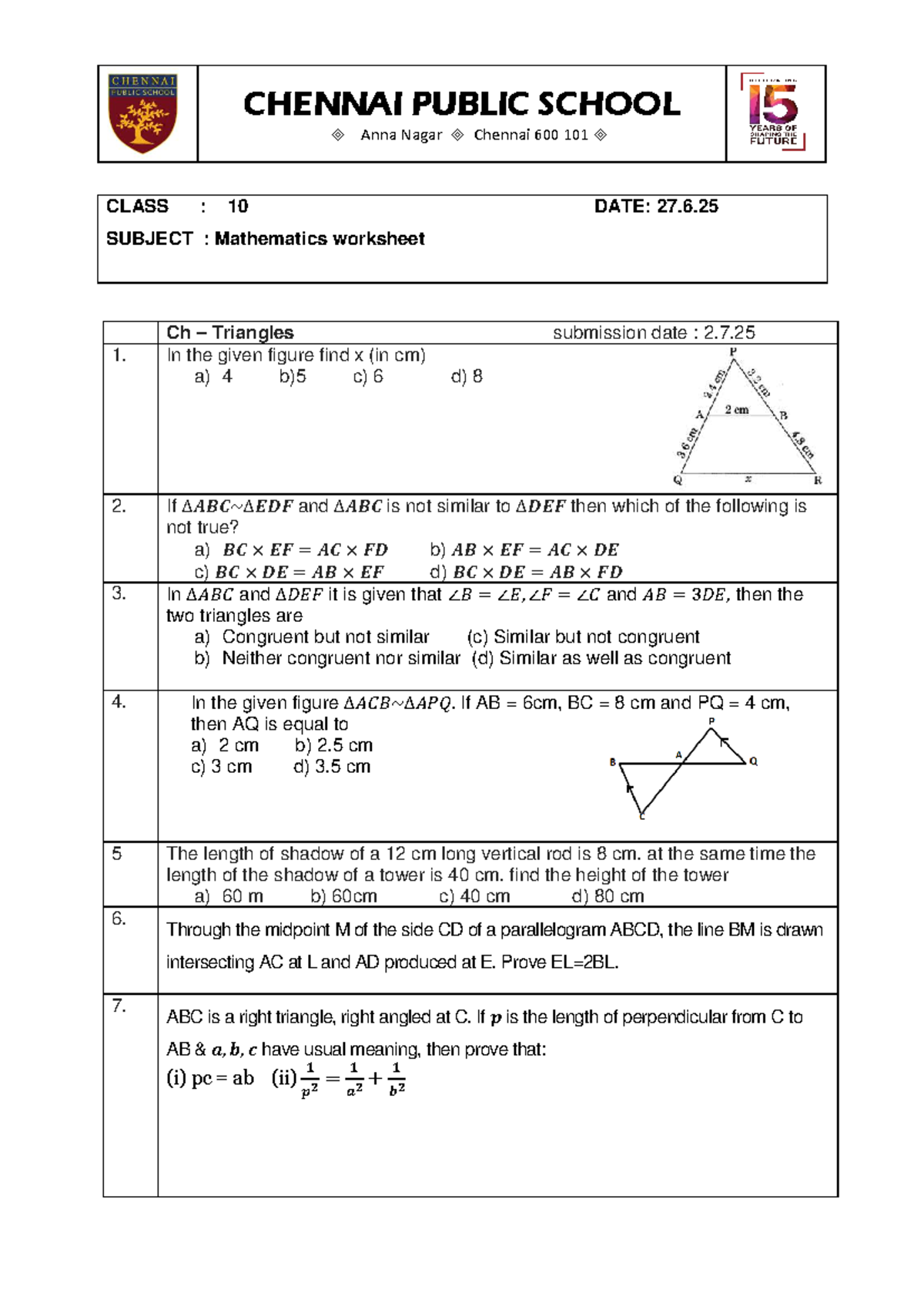 Mathematics Worksheet for Class 10 - Chennai Public School - Studocu