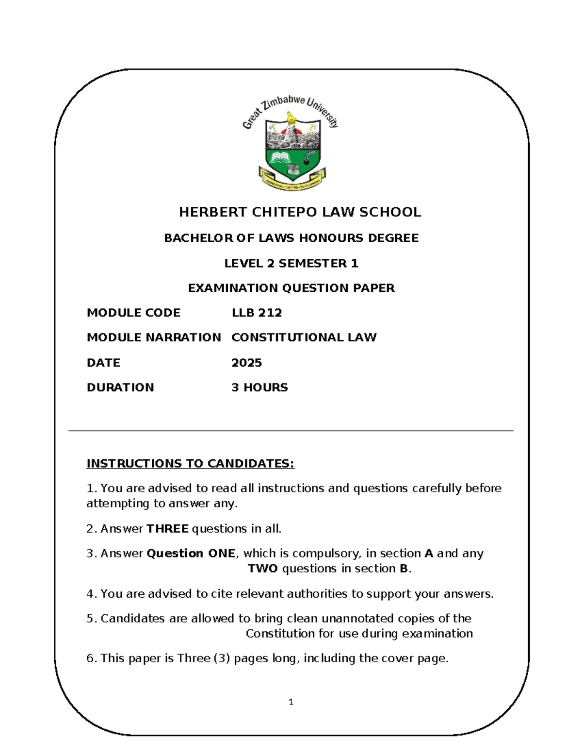 Constitutional Law Exam LLB 212 - Honours Degree Level 2, 2025 - Studocu