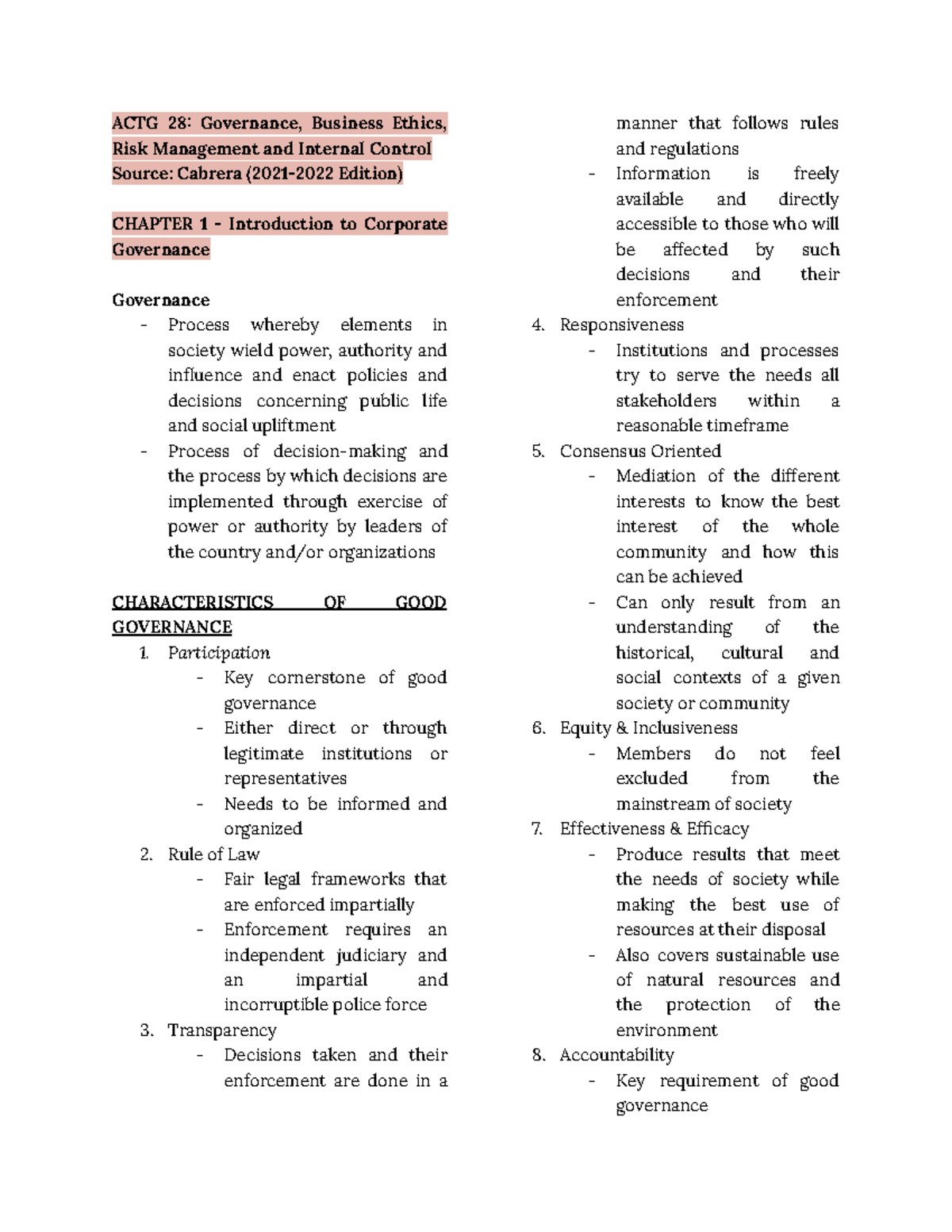 ACTG 28: Chapter 1 - Introduction to Corporate Governance - Studocu