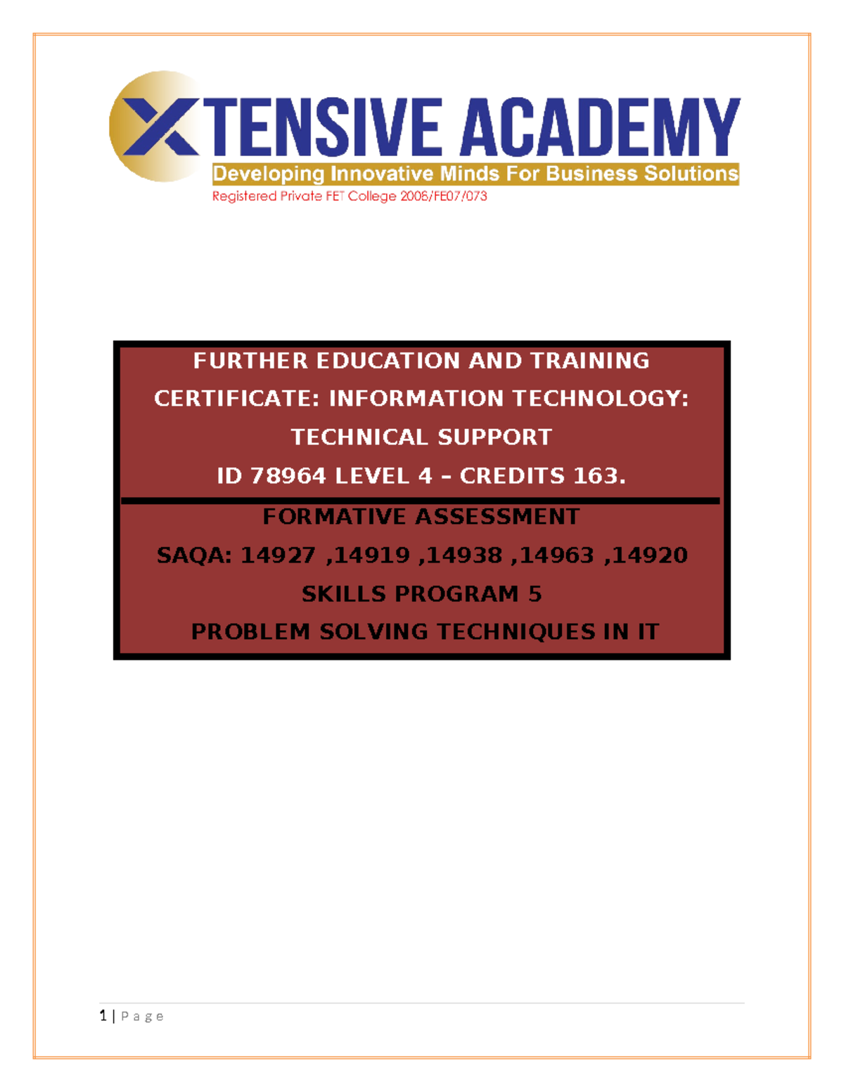 78964 Formative Assessment 5 - Techniques for Problem Solving in IT ...