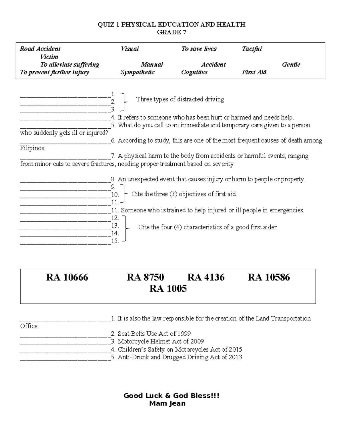 QUIZ 1: First Aid & Road Safety in Physical Education (Grade 7) - Studocu