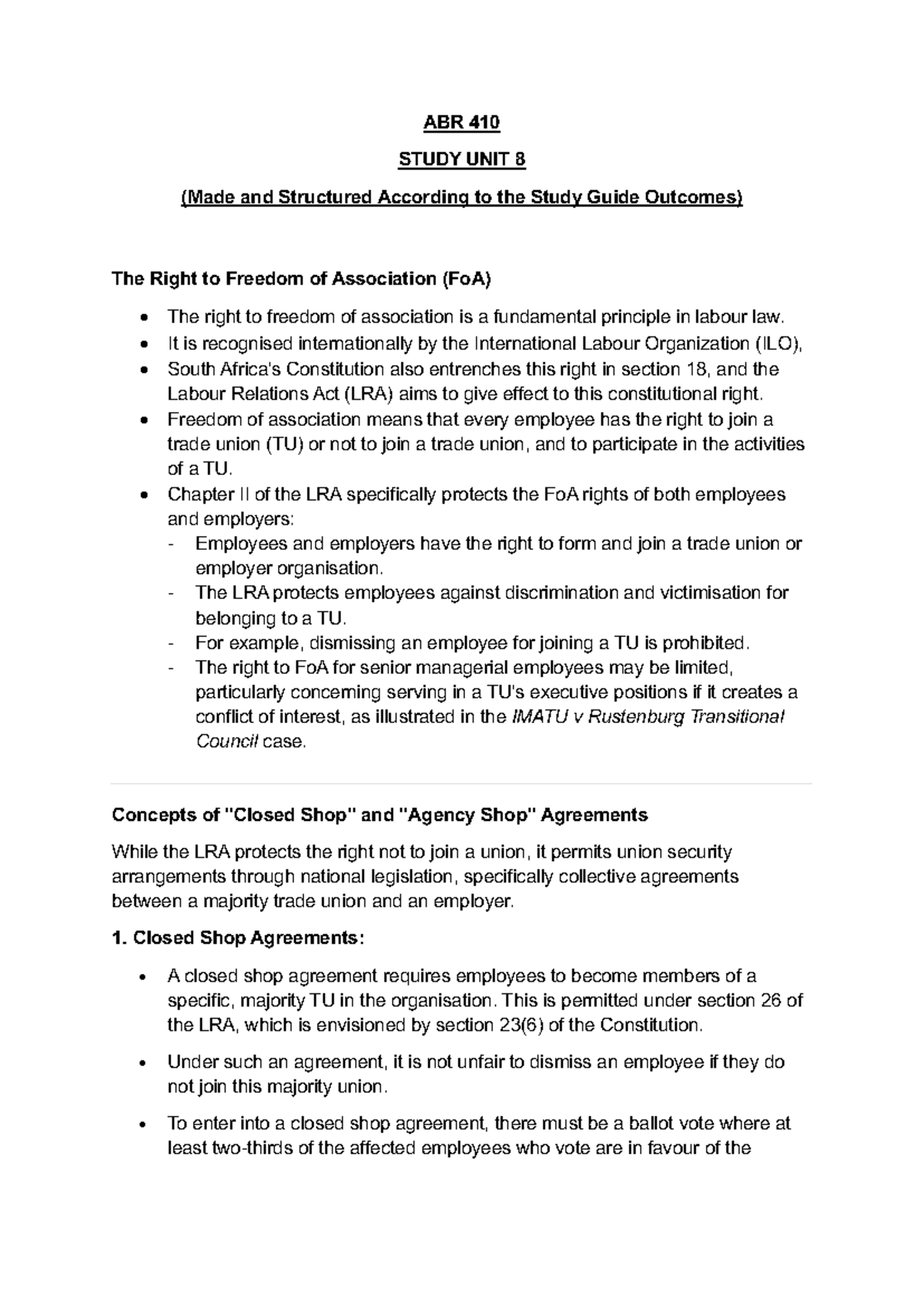 ABR 410 STUDY UNIT 8: The Right to Freedom of Association in Labour Law ...
