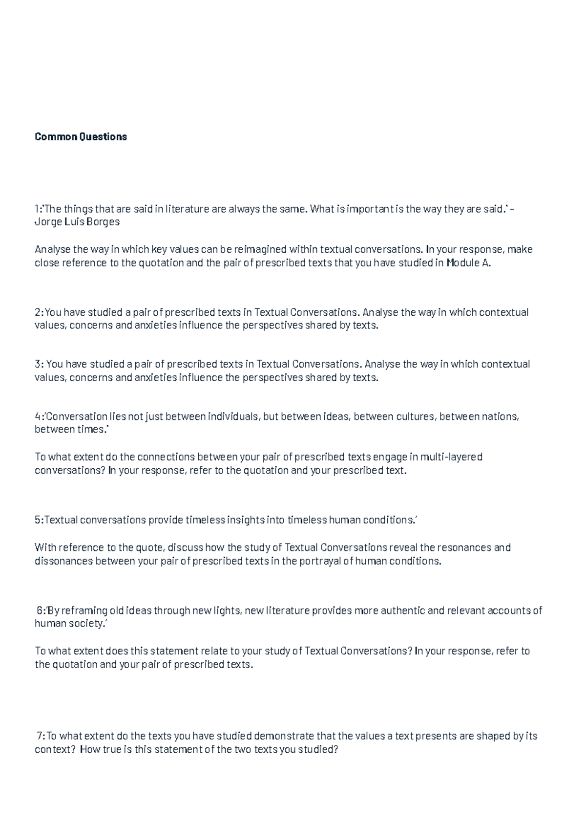Advanced English Module A: Textual Conversations Essay Questions - Studocu