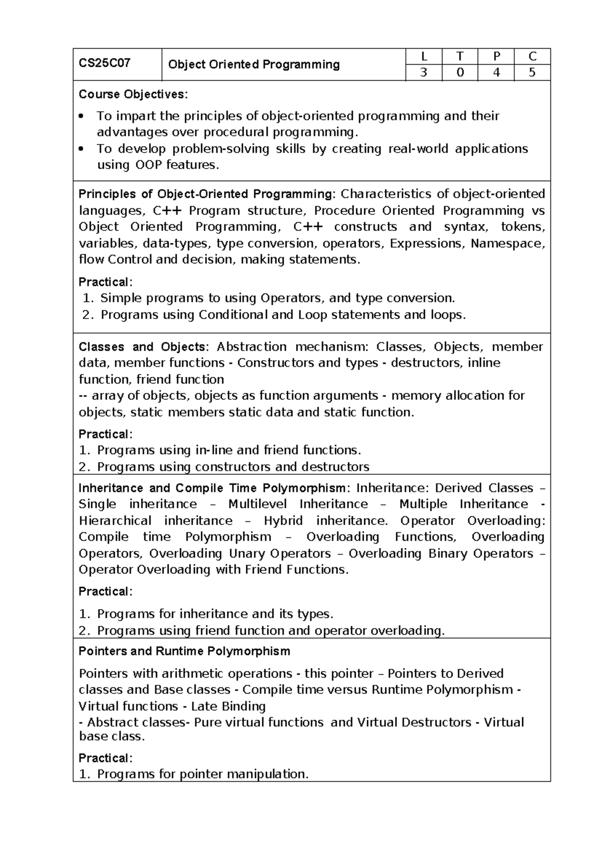 CS25C07 Object Oriented Programming Syllabus and Course Objectives ...