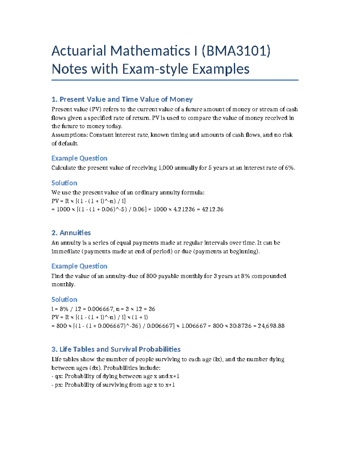 Actuarial Mathematics I (BMA3101) Course Notes: PV, Annuities & Life ...