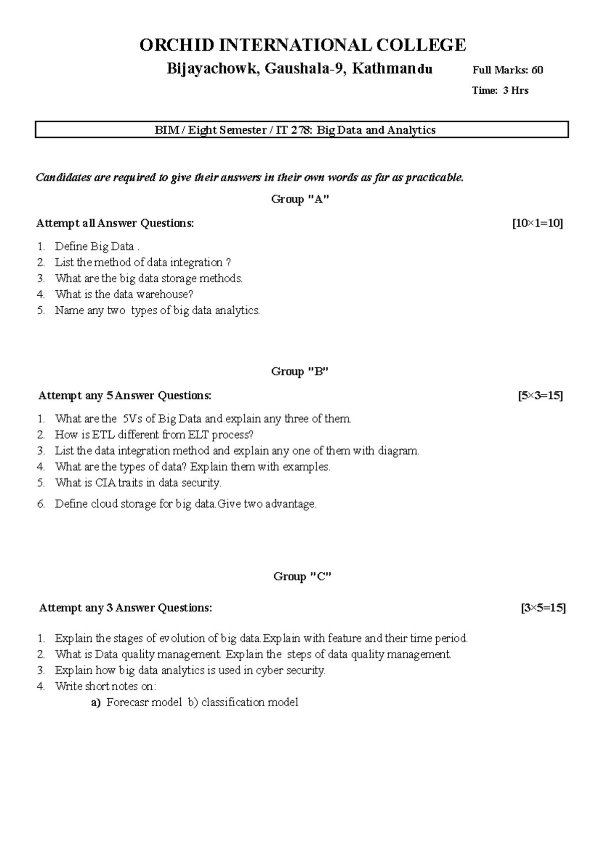 IT 278: Big Data and Analytics Exam Questions and Answers - Studocu