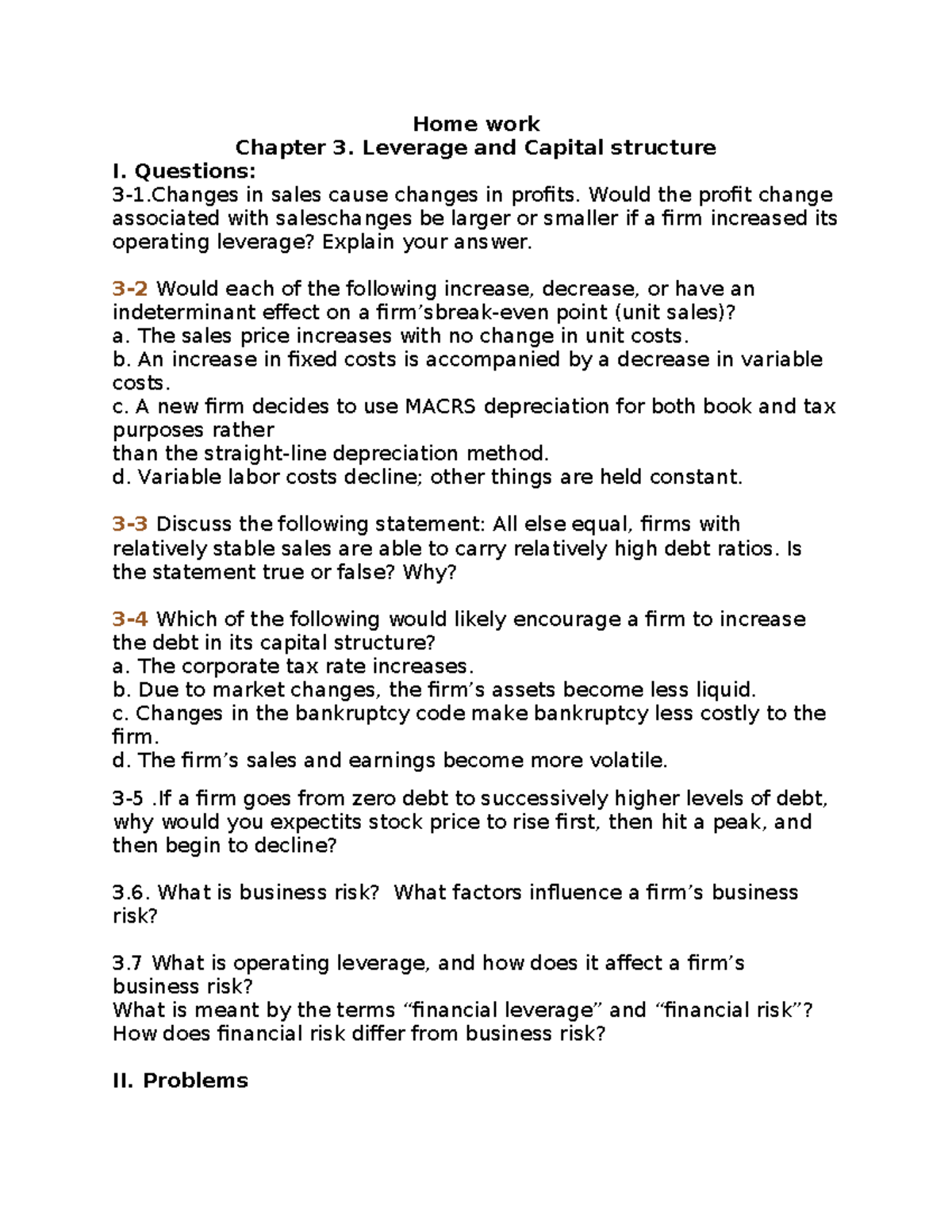 Chapter 3 Financial Leverage And Capital Structure Home Work Chapter