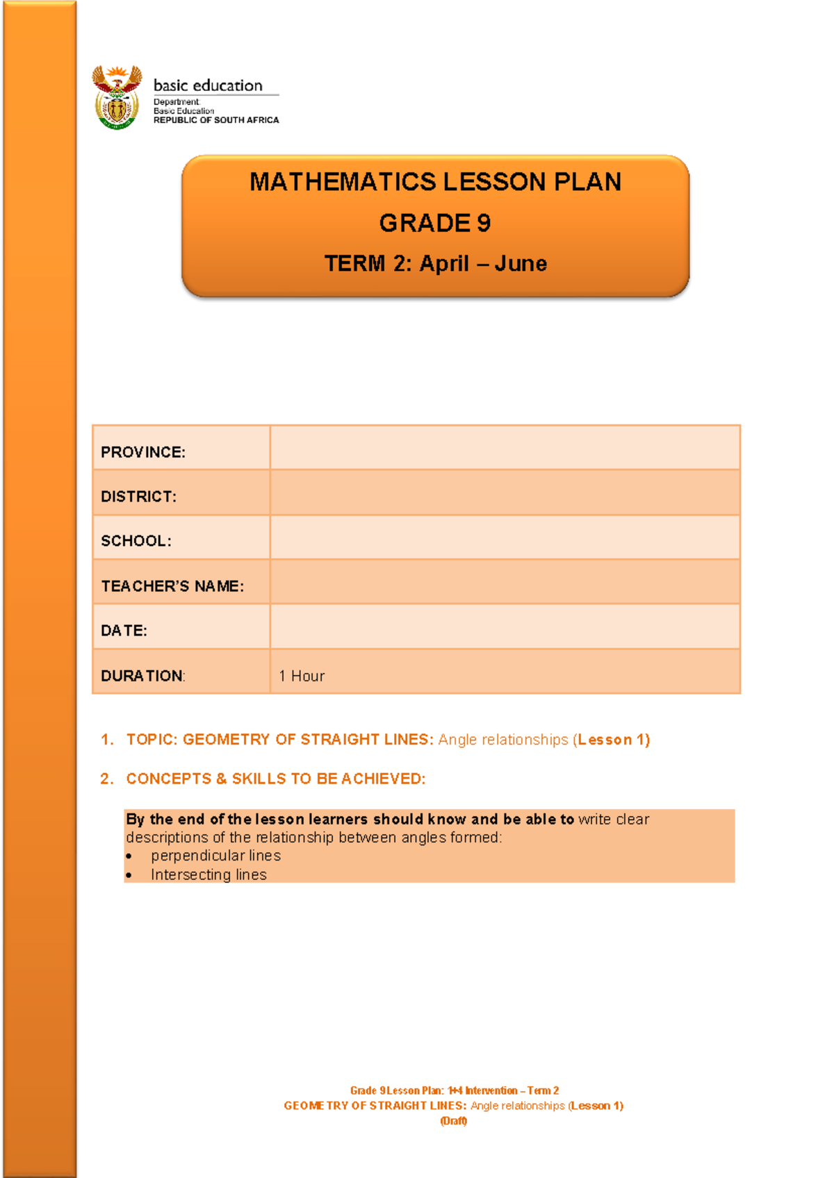 Grade 9 Geometry of Straight Lines Term 2 Lesson 1: Angle Relationships ...