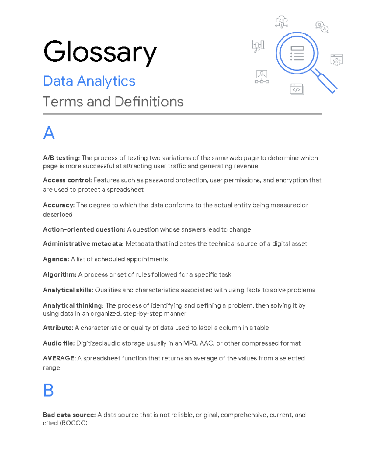 Course 4 Week 2 Glossary of Data Analytics Terms and Definitions - Studocu
