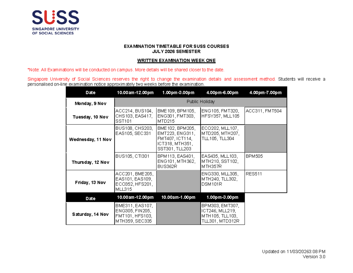 SUSS July 2026 Semester Examination Timetable: Week 1 & 2 - Studocu