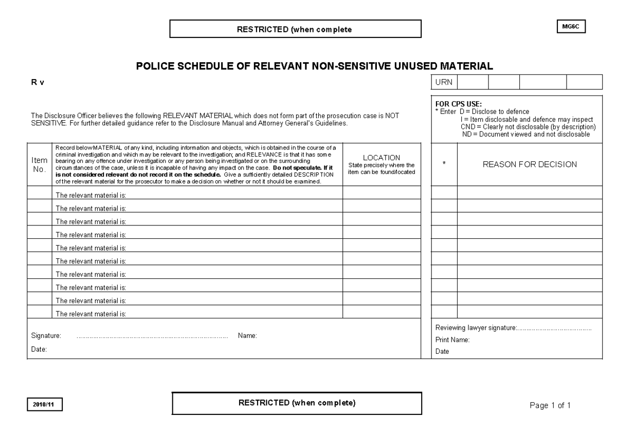 MG6C Police Schedule of Relevant Unused Material for Disclosure - Studocu