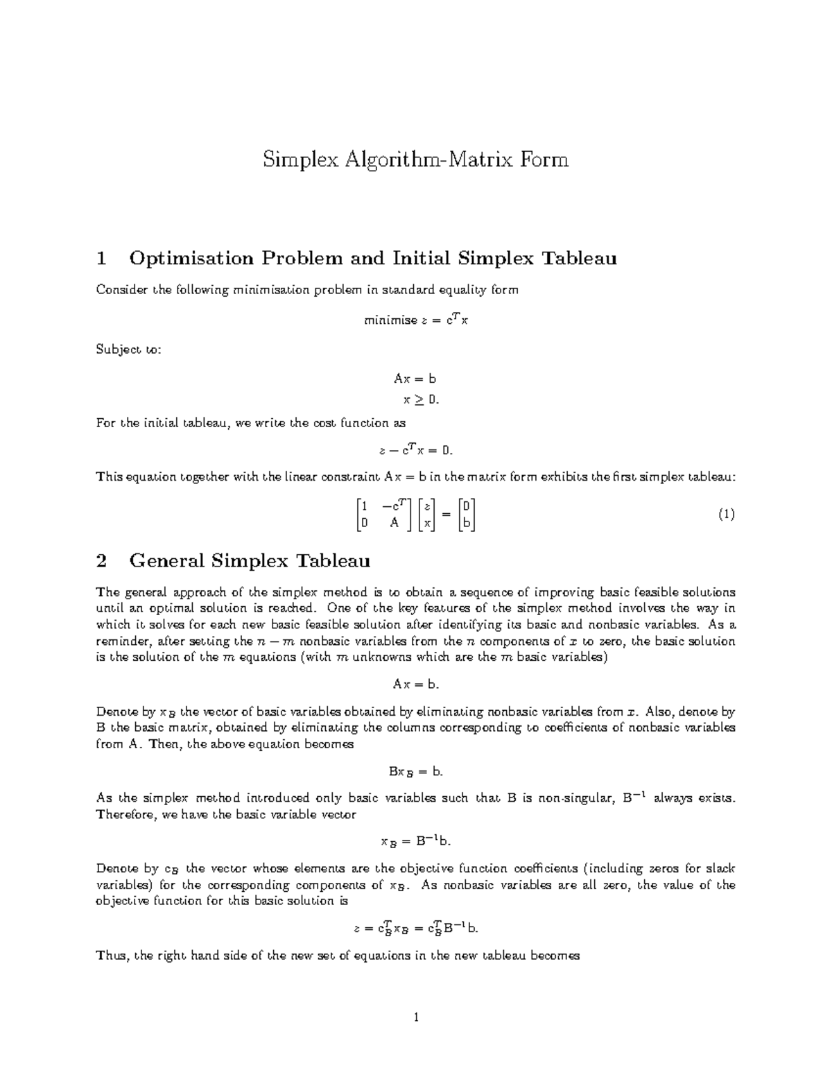 6-Simplex Algorithm: Matrix Form and Initial Tableau Analysis - Studocu