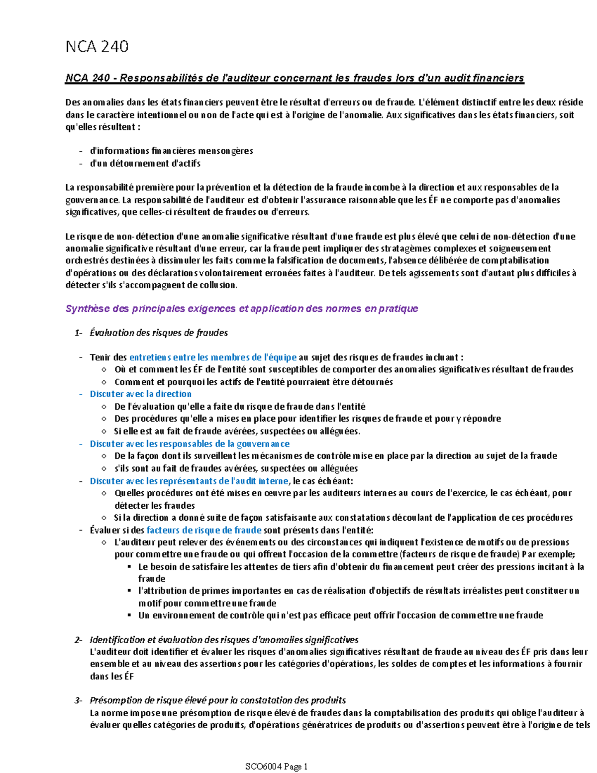 NCA240 - Responsabilités de l'auditeur face aux fraudes en audit - Studocu